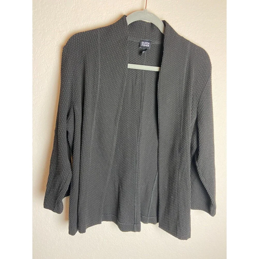 Eileen Fisher Womens Cardigan Sweater Gray Size L Solid Open Front Long Sleeve